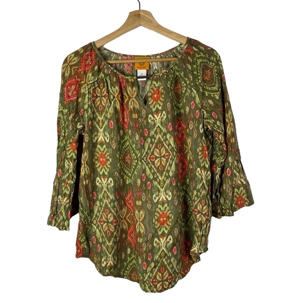 Ruby Rd Olive Green & Red Printed Long Sleeve Blouse S